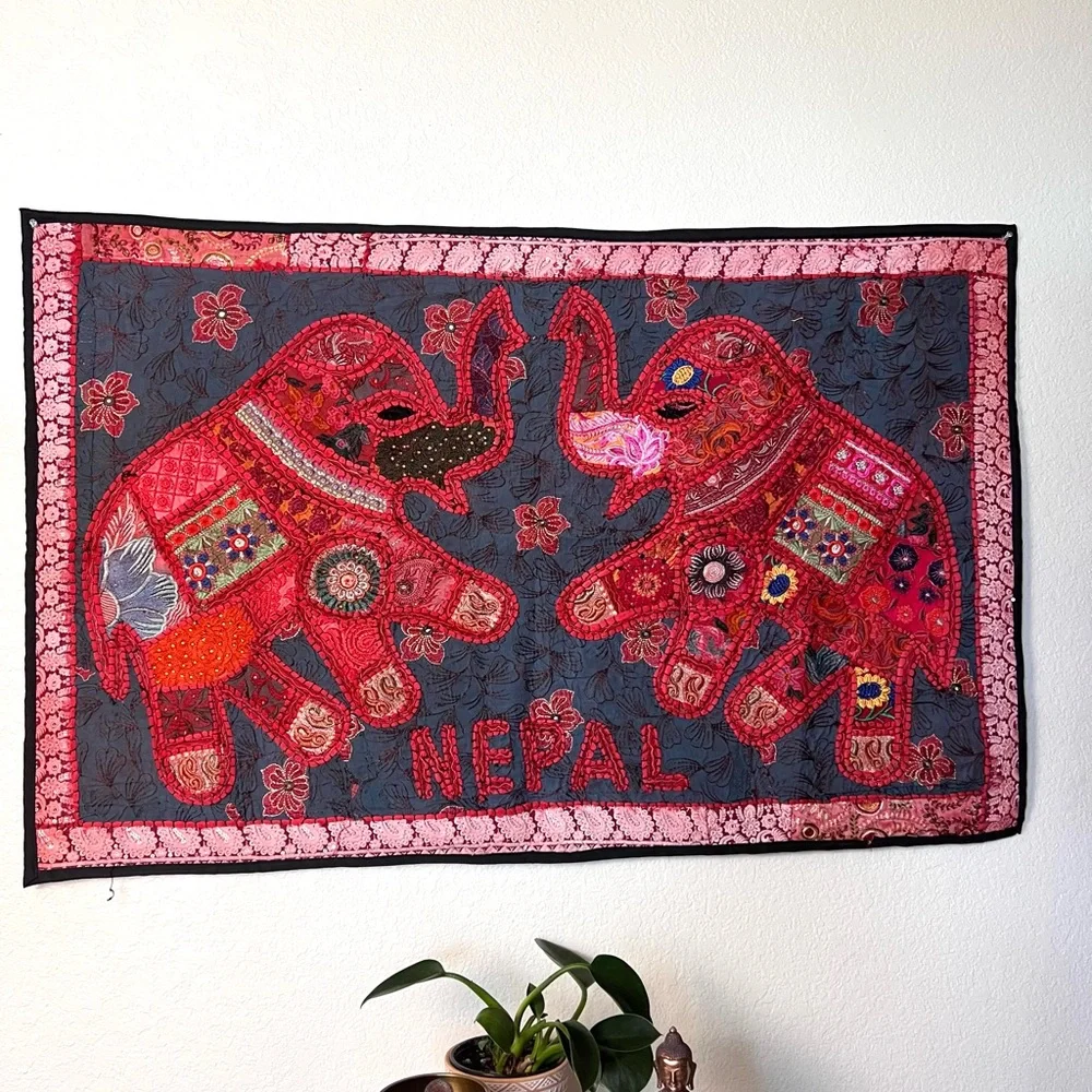 Vintage Elephant Tapestry Handmade Patchwork Art
